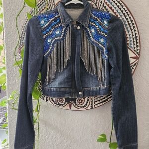 Source Unknown Blue Jean Jacket with Fringe and Embellishments